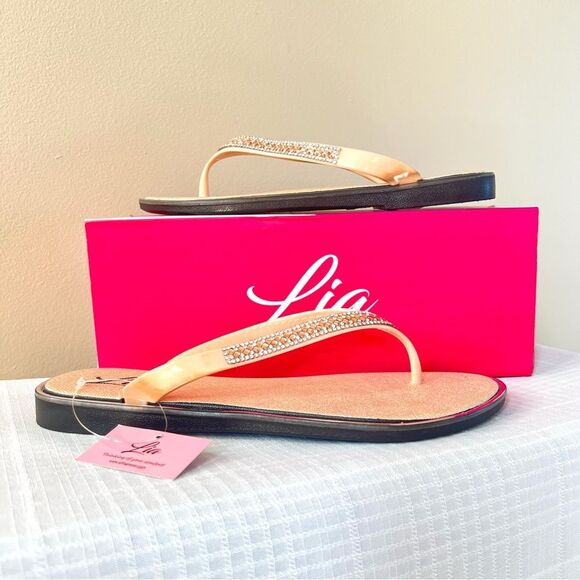 Lia Rose Gold Shimmer Bejeweled Flip Flop Thong Sandal Size 9 NWT - Picture 3 of 13